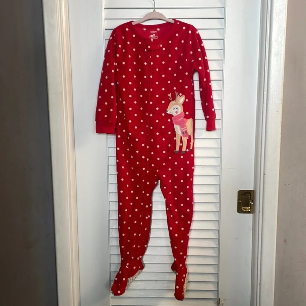 Carters Christmas Reindeer Fleece Footie Pjs w/Polka Dots.Size 2T Like New